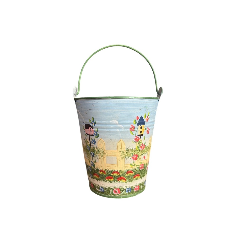 Hand-Painted Mini Blue Garden Fence Decorative Bucket Accent Decor 6" GUC